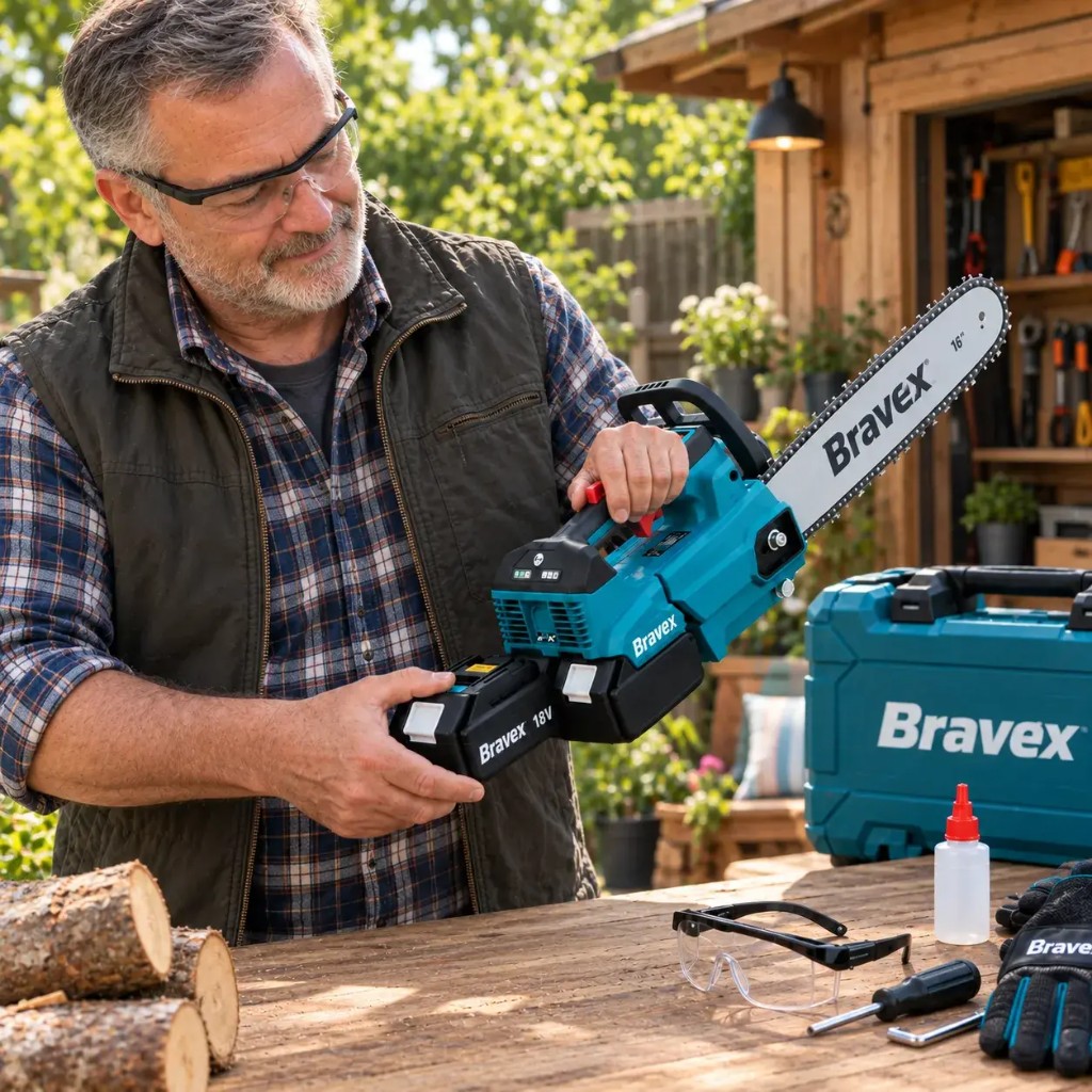 Inserimento batteria 18V nella motosega Bravex™ 36V al banco da lavoro