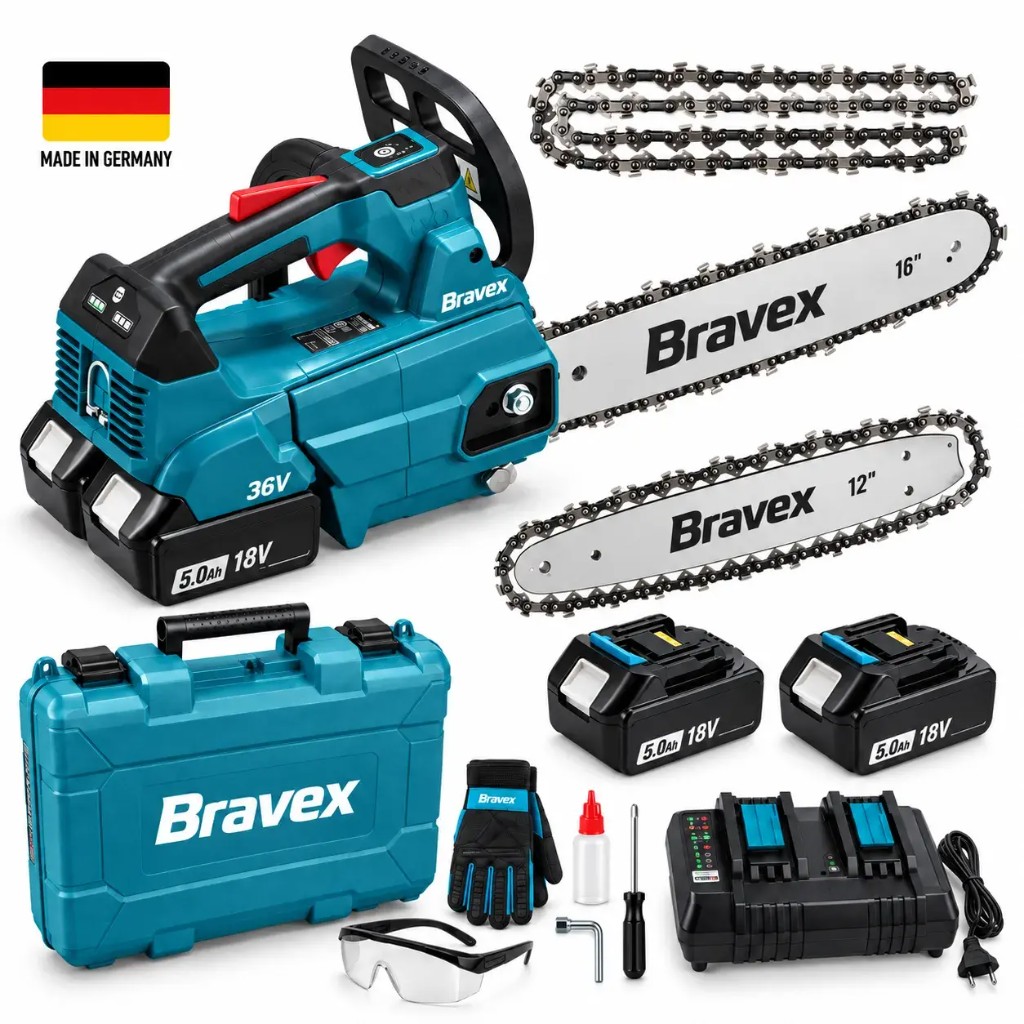 Kit completo motosega Bravex™ 36V — batterie, barre, catene, guanti e valigetta