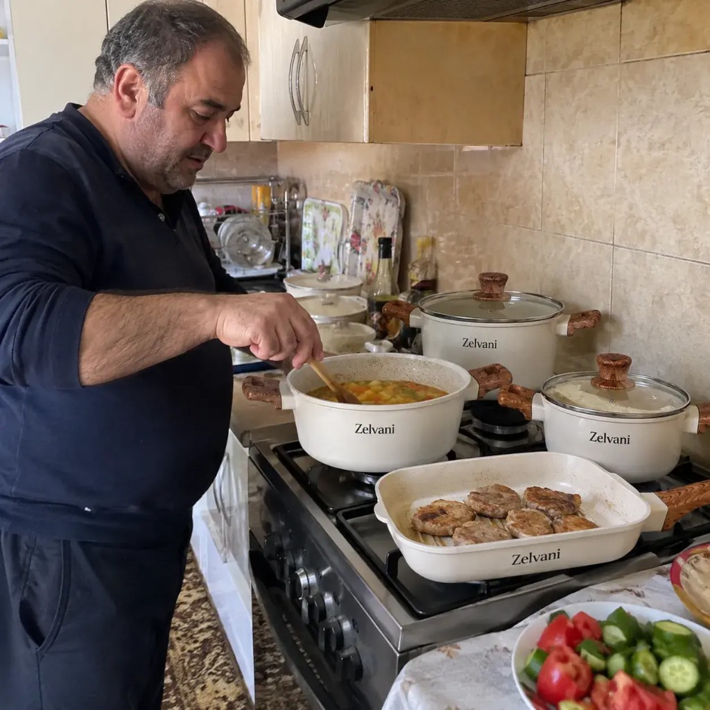 Cliente Zelvani che cucina a casa con il set effetto pietra crema